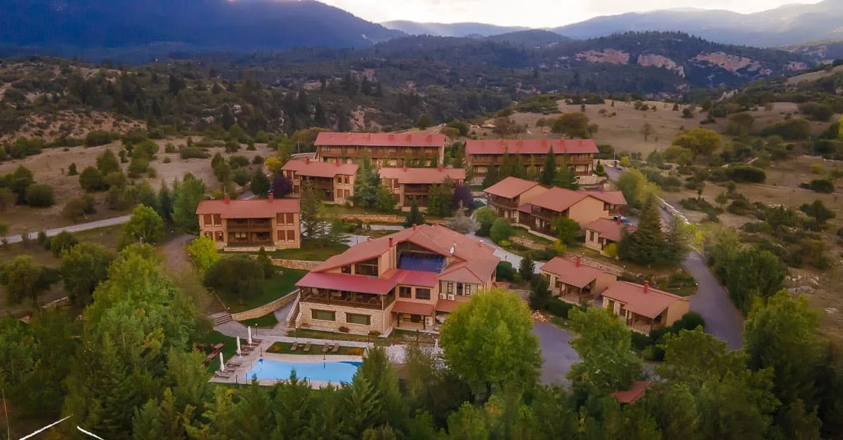 The red roofs of Vitina House and its pool, from above