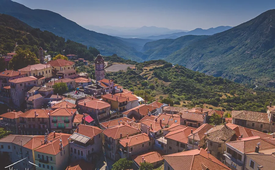 Rooftops of a hill village from above