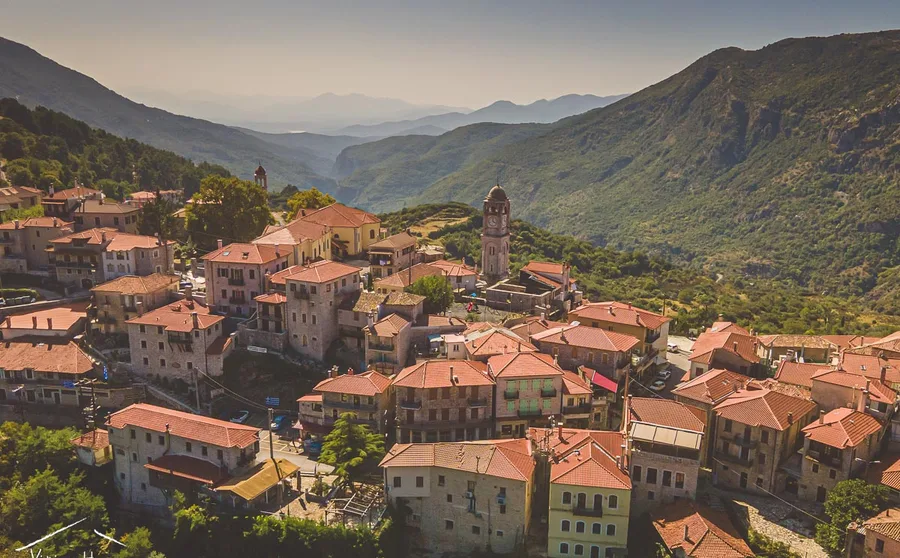 Stone houses and red roofs from the air