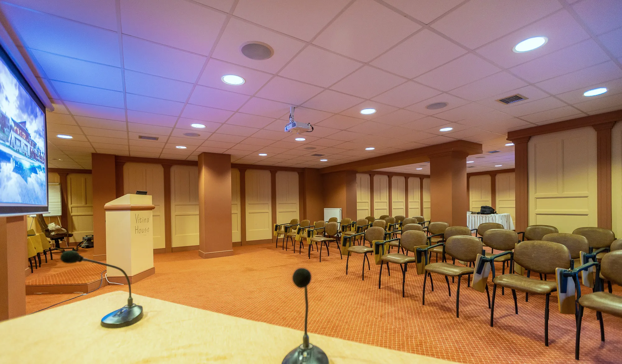 View from the speakers’ table towards rows of chairs, with a microphone on the table in the foreground