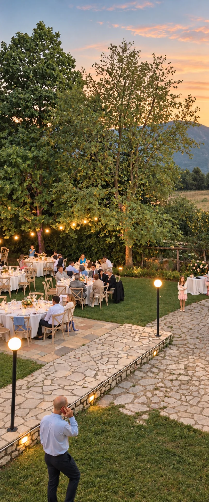 Guests seated at round tables on the lawn under string lights, at sunset