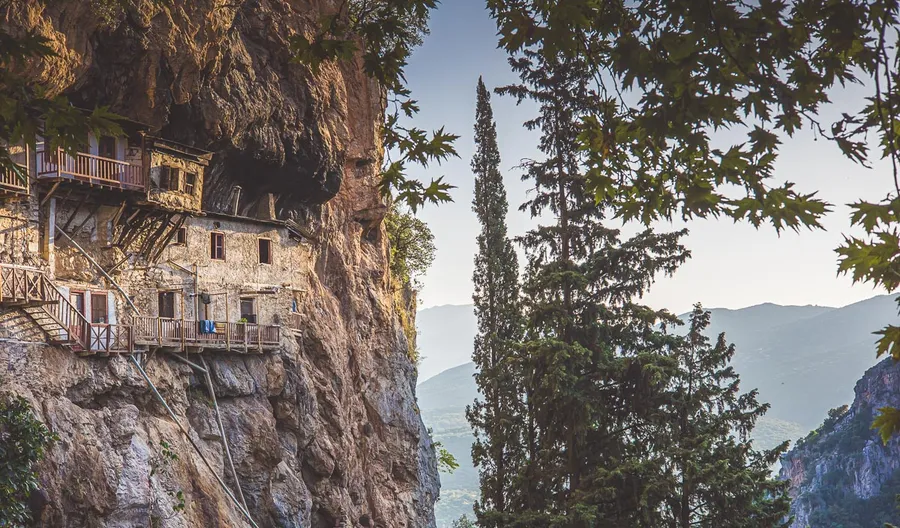 A monastery built into the cliff above the Lousios gorge