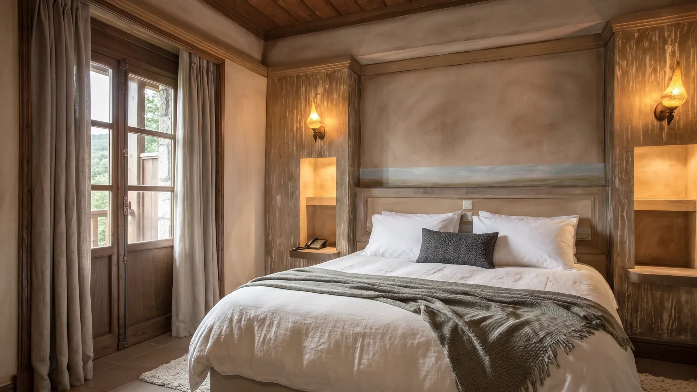 Premium room: a double bed with linen cover and a balcony door with curtains beside it