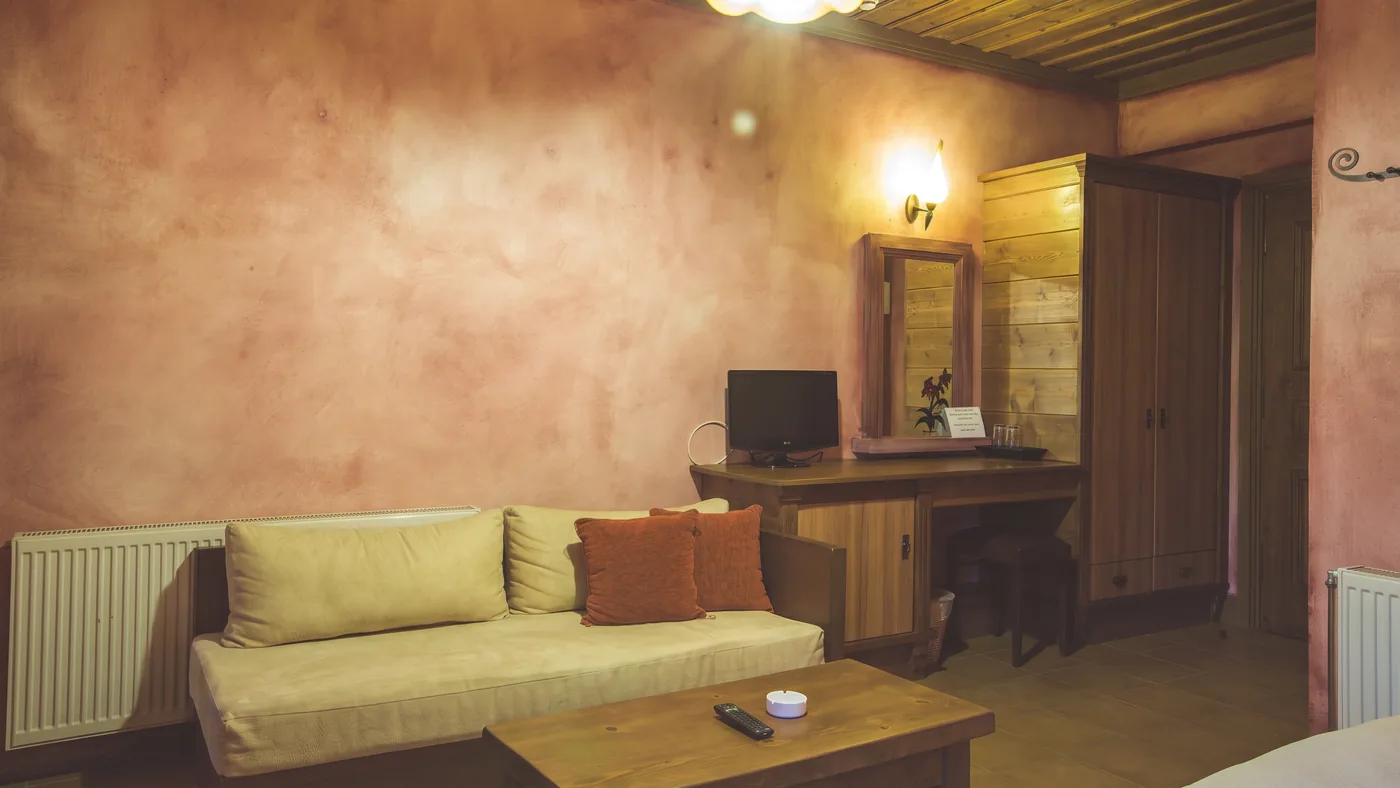 Sitting area of the Premium room with a sofa, low table, desk with TV and a wooden wardrobe