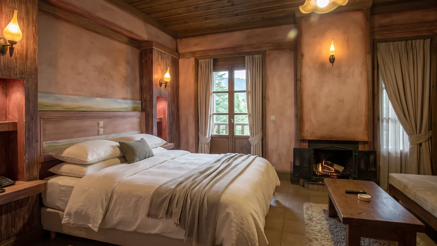 Premium room with a painted headboard, linen bed and a fireplace beside the balcony door