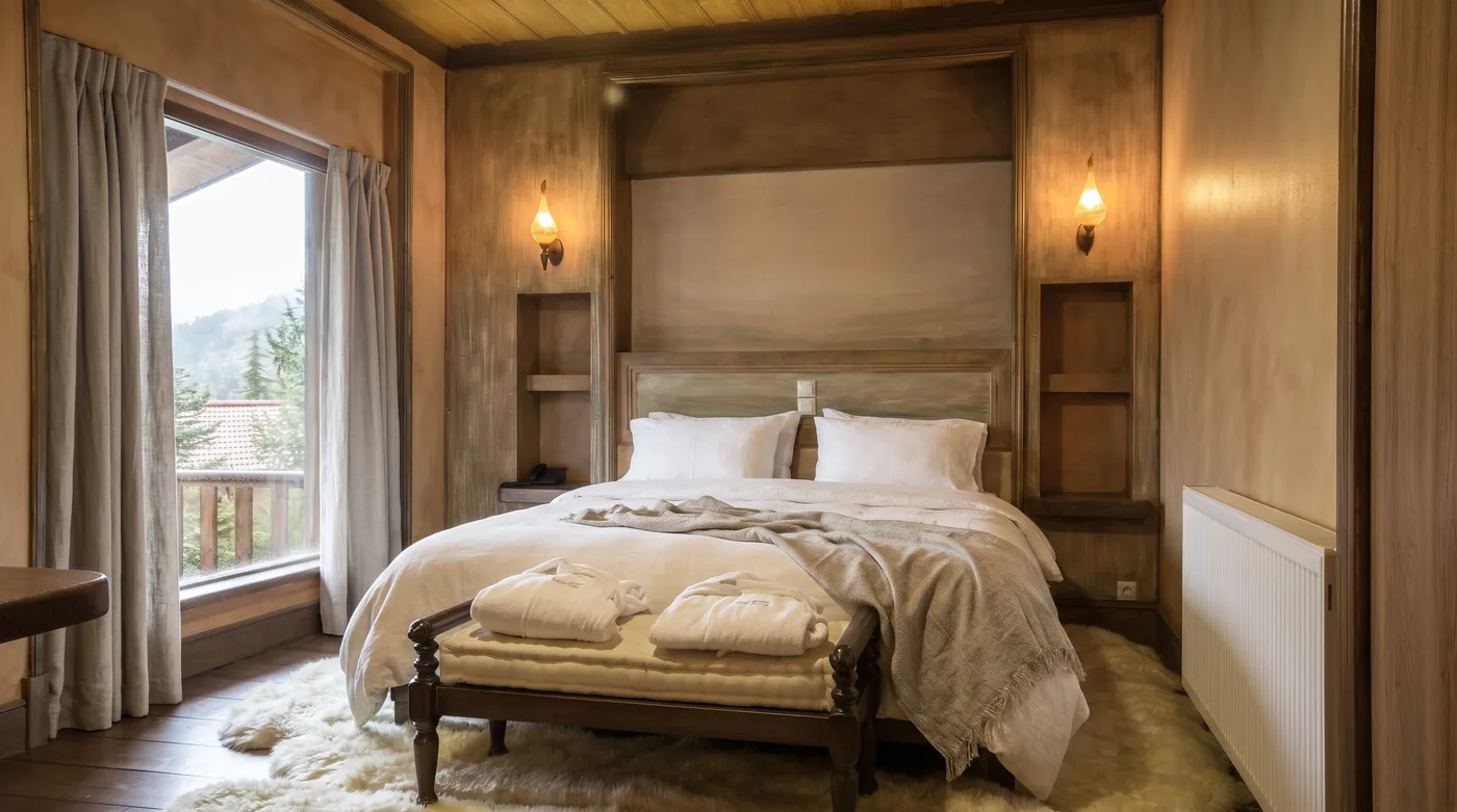 Suite bedroom with a king-size bed, a carved bench with folded bathrobes and a tall window beside the bed