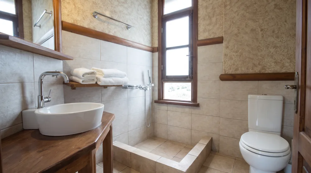 Bathroom with a white vessel basin on a wooden vanity, a walk-in shower area and a window