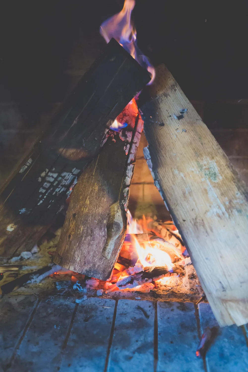 Close view of burning logs in a fireplace