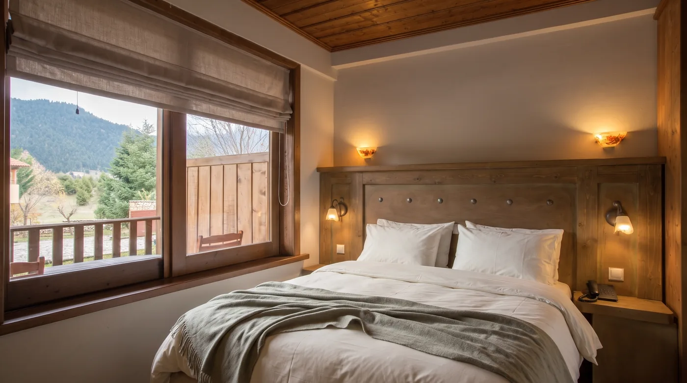 Double bed with white linen and a grey throw beside a wide window looking onto forested mountains